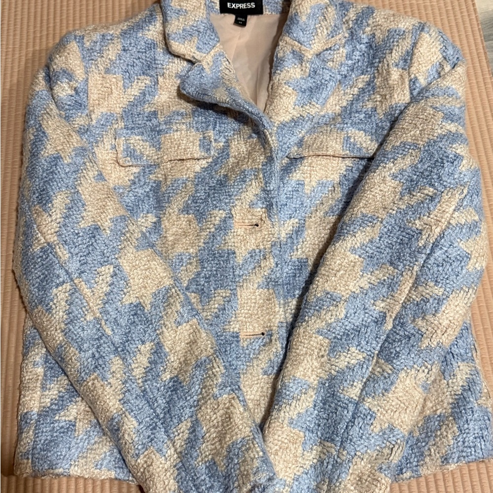 Express Women's Houndstooth Blazer in Blue and Cream